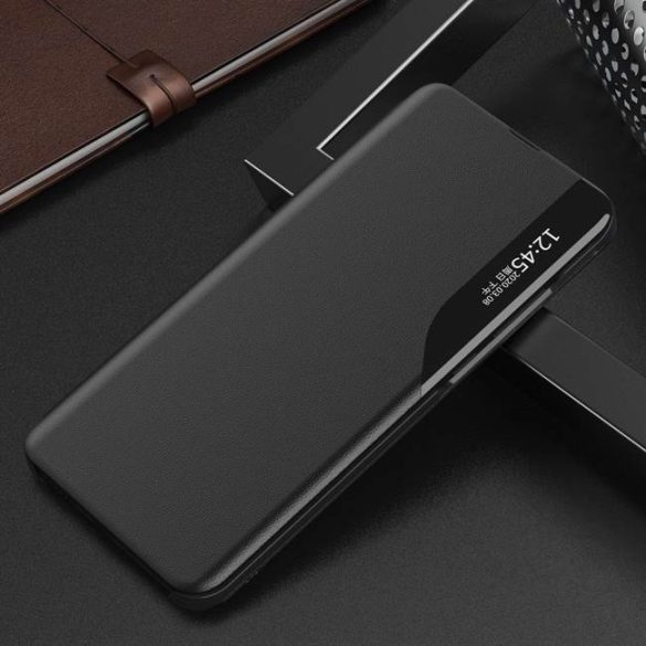 Eco Leather View tok elegáns Bookcase kihajtható tok kitámasztóval Huawei P40 Lite E fekete telefontok