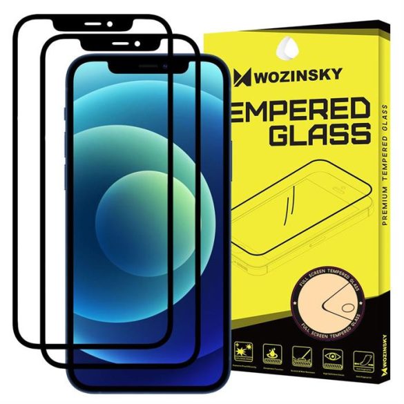 Wozinsky 2x edzett üveg tempered glass Teljes Glue Super Tough képernyővédő fólia teljes képernyős kerettel tok barát iPhone 12 Pro / iPhone 12 fekete üvegfólia