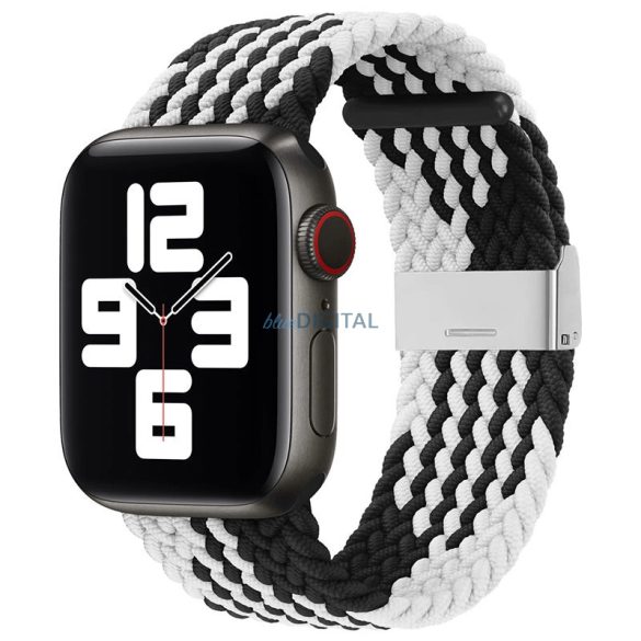 Strap Fabric Band Apple Watch 9 / 8 / 7 / 6 / SE / 5 / 4 / 3 / 2 (41mm / 40mm / 38mm) fonott szövet csereszíj fekete és fehér