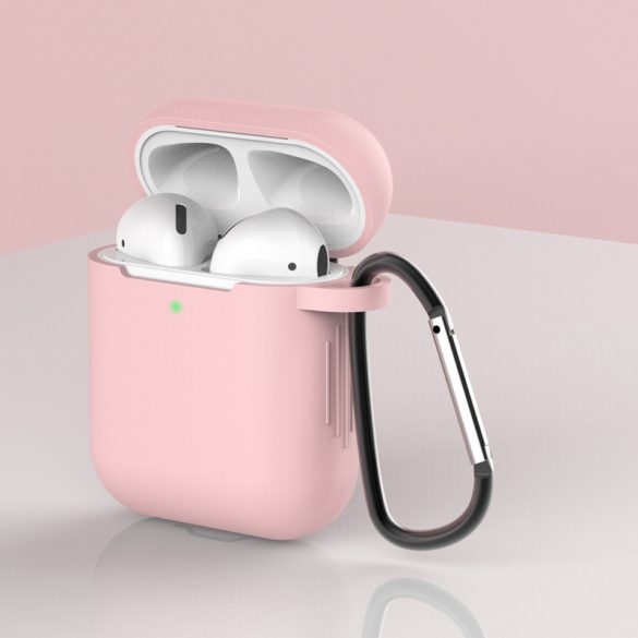 Airpods tok 2 / Airpods 1 Silicone puha tok fejhallgatóhoz + Kulcstartó Carabiner medál rózsaszín (D)