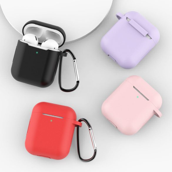 Airpods tok 2 / Airpods 1 Silicone puha tok fejhallgatóhoz + Kulcstartó Carabiner medál rózsaszín (D)