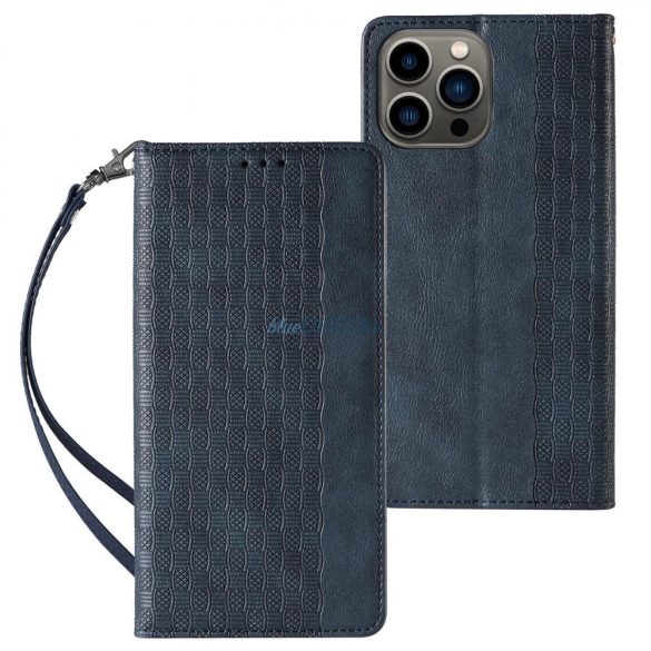 Mágneses pántos tok iPhone 12 Pro tok pénztárca + mini nyaklánc medál kék