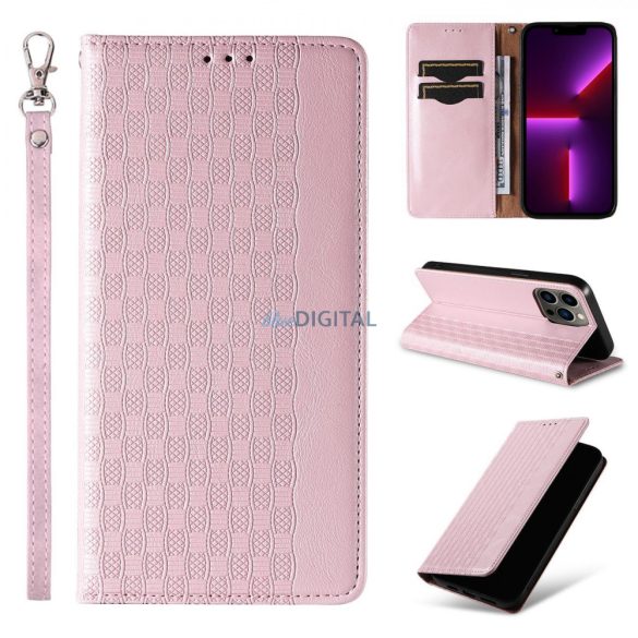 Mágneses tok pánttal iPhone 12 Pro tokhoz tok pénztárca + mini nyaklánc függő rózsaszínű