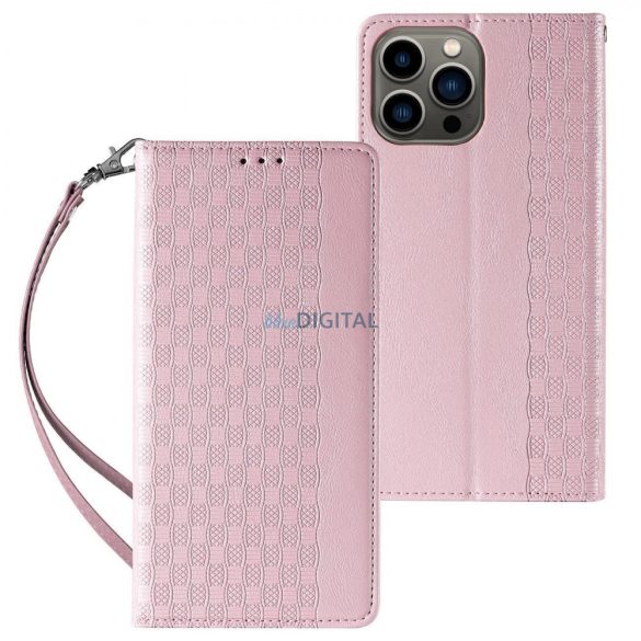 Mágneses tok pánttal iPhone 12 Pro Max tok pénztárca + Mini nyaklánc függő rózsaszín