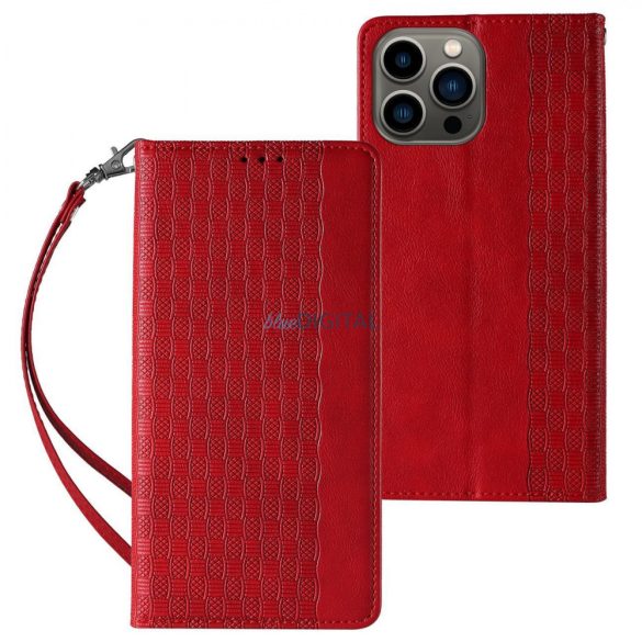 Mágneses tok pánttal iPhone 13 Pro tokhoz tok pénztárca + mini nyaklánc függő piros