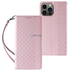   Mágneses tok pánttal iPhone 13 Pro Max tok pénztárca + Mini nyaklánc függő rózsaszín