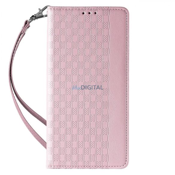 Mágneses tok pánttal iPhone 13 Pro Max tok pénztárca + Mini nyaklánc függő rózsaszín
