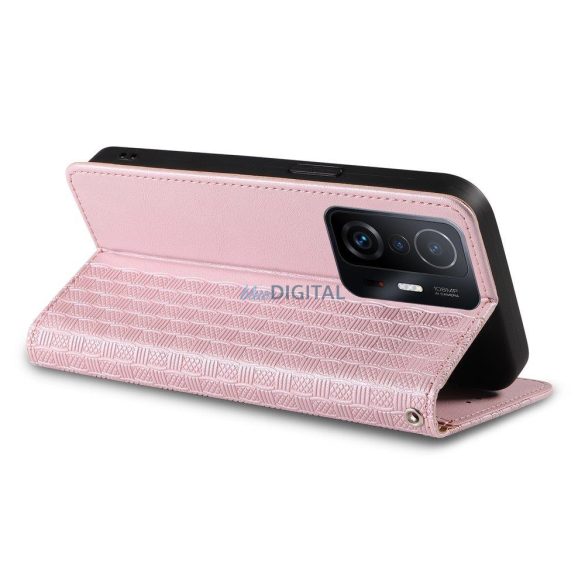 Mágneses tok pánttal Samsung Galaxy A12 5G tok pénztárca + Mini nyaklánc medál rózsaszínű