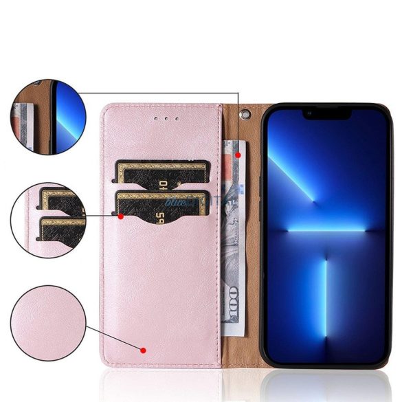 Mágneses tok pánttal Samsung Galaxy A12 5G tok pénztárca + Mini nyaklánc medál rózsaszínű