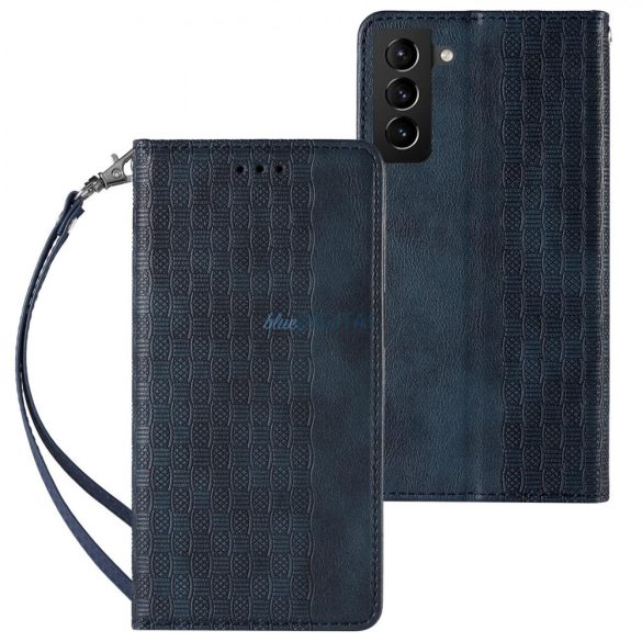 Mágneses tok pánttal Samsung Galaxy S22 Ultra Pouch pénztárca + Mini Lanyard függő kék