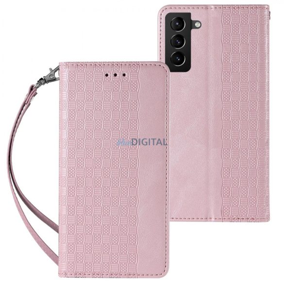 Mágneses tok pánttal Samsung Galaxy S22 Ultra Pouch pénztárca + Mini Lanyard medál rózsaszínű