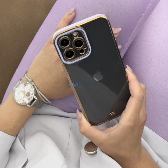 Divat tok iPhone 12 Pro arany keretes zselés tok lila tokhoz