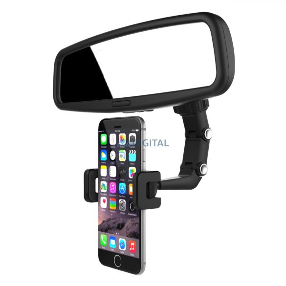 Állítható autós visszapillantó tükörre tehető tartó okostelefonhoz fekete színben