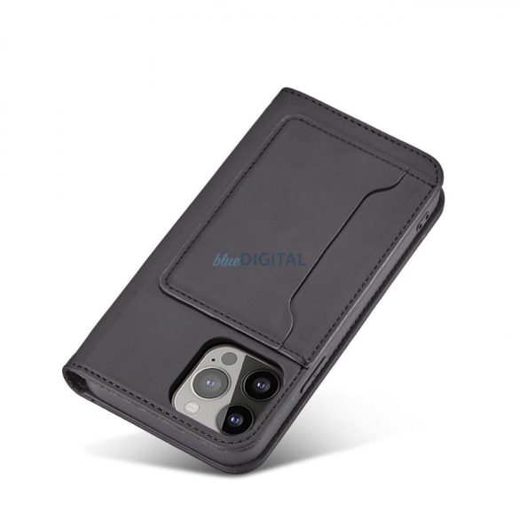 Mágneses kártyatartós tok iPhone 14 flip cover pénztárca állvány fekete