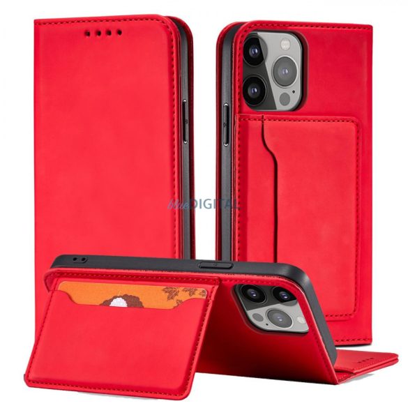 Mágneses kártyatartós tok iPhone 14 flip cover pénztárca állvány piros
