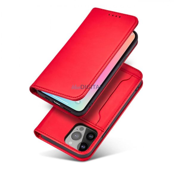 Mágneses kártyatartós tok iPhone 14 flip cover pénztárca állvány piros