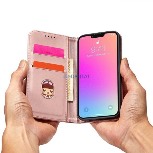 Mágneses kártyatartós tok iPhone 14 flip cover pénztárca állvány rózsaszín