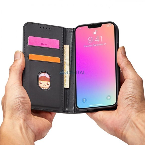 Mágneses kártyatartós tok iPhone 14 Plus flip cover pénztárca állvány fekete