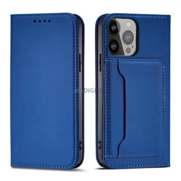 Mágneses kártyatartós tok iPhone 14 Plus flip cover pénztárca állvány kék