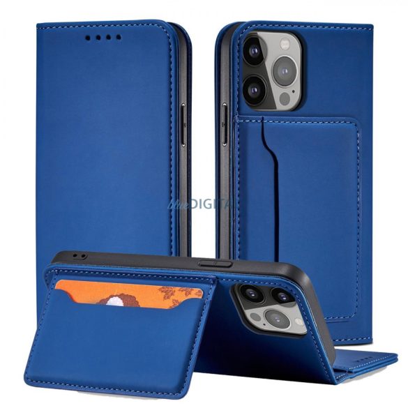 Mágneses kártyatartós tok iPhone 14 Plus flip cover pénztárca állvány kék