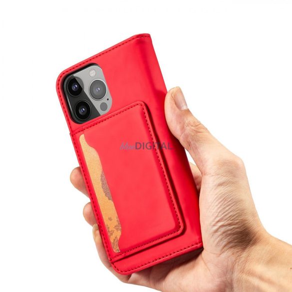 Mágneses kártyatartós tok iPhone 14 Plus flip cover pénztárca állvány piros