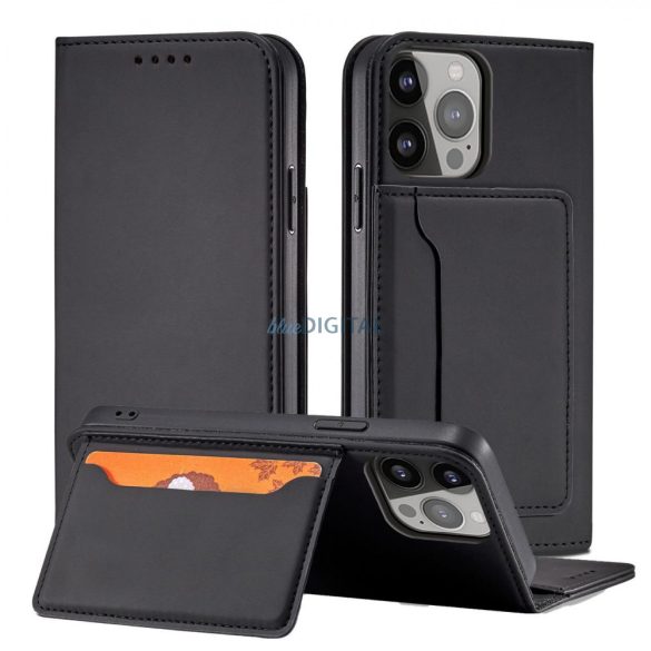 Mágneses kártyatartós tok iPhone 14 Pro flip cover pénztárca állvány fekete