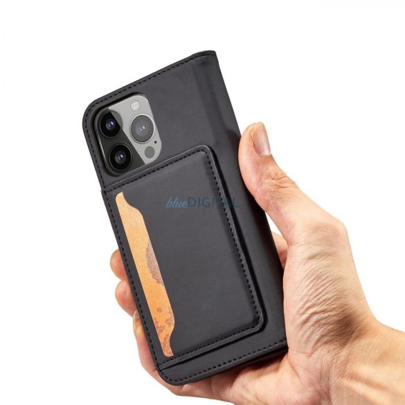 Mágneses kártyatartós tok iPhone 14 Pro flip cover pénztárca állvány fekete