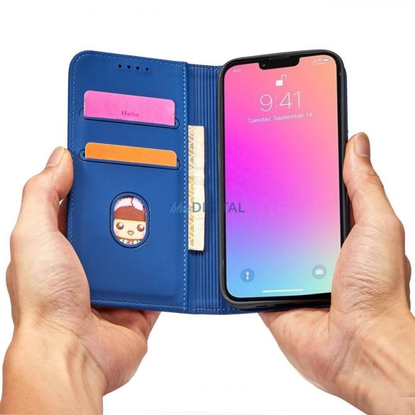 Mágneses kártyatartós tok iPhone 14 Pro flip cover pénztárca állvány kék