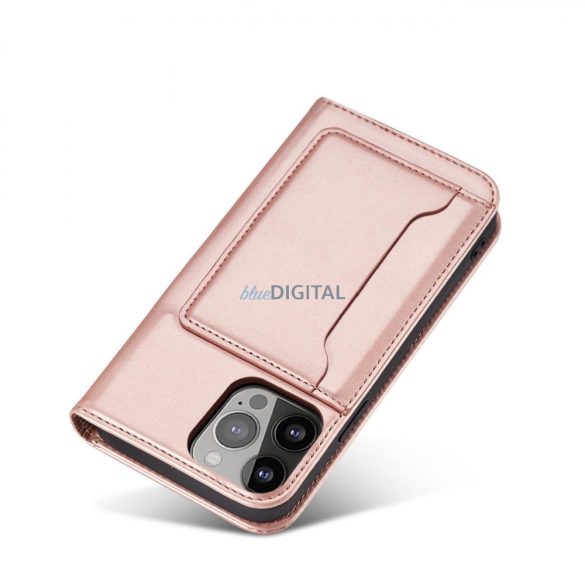 Mágneses kártyatartós tok iPhone 14 Pro flip cover pénztárca állvány rózsaszín