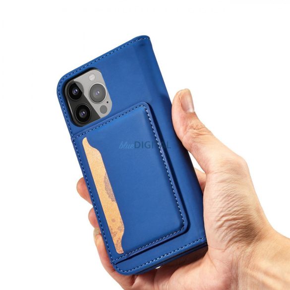 Mágneses kártyatartós tok iPhone 14 Pro Max flip cover pénztárca állvány kék