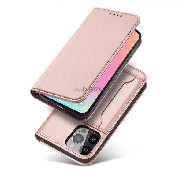 Mágneses kártyatartós tok iPhone 14 Pro Max flip tok pénztárca állvány rózsaszín