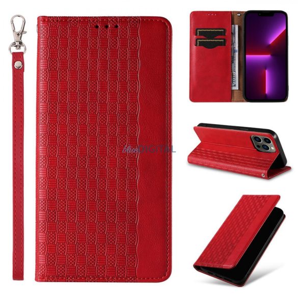 Magnet Strap Case iPhone 14 Plus tok Flip pénztárca Mini Lanyard állvánnyal Piros