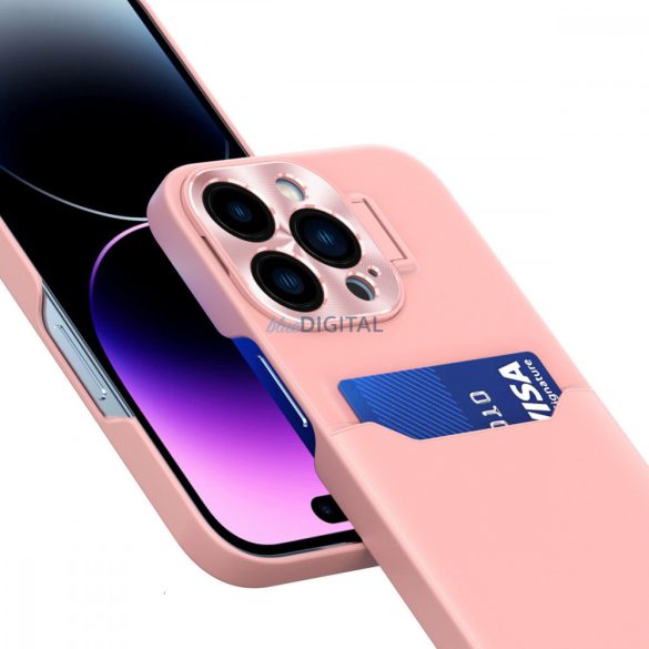 Bőr állvány tok iPhone 14 Plus kártya tárca tok állvány rózsaszín