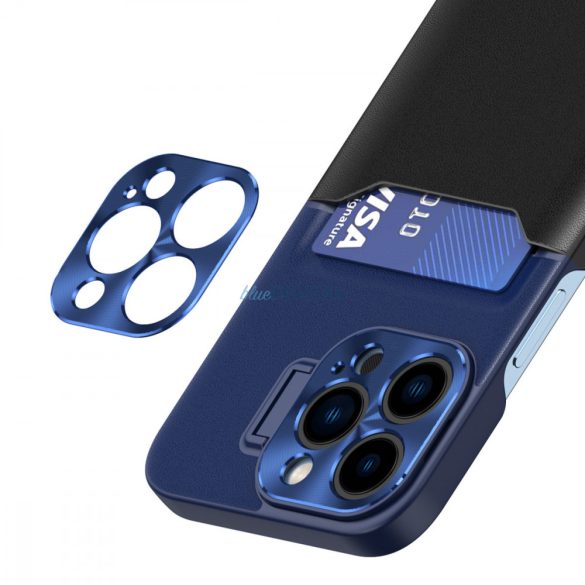 Bőr állvány tok iPhone 14 Pro tok kártya pénztárca állvány kék