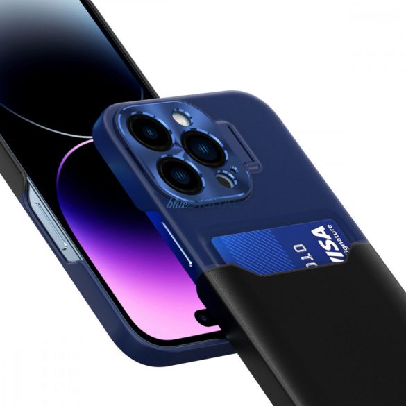 Bőr állvány tok iPhone 14 Pro tok kártya pénztárca állvány kék