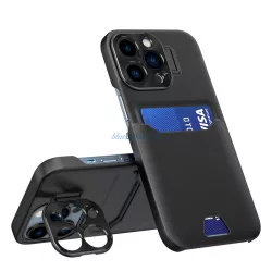   Bőr állvány tok iPhone 14 Pro Max tok kártya pénztárca állvány fekete