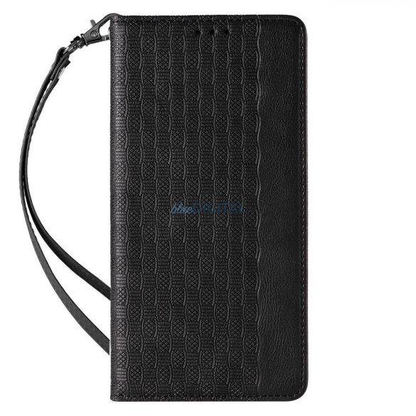 Magnet Strap Case Samsung Galaxy S23 mágneses flipes tok pénztárcával, állvánnyal, kis pánttal, fekete