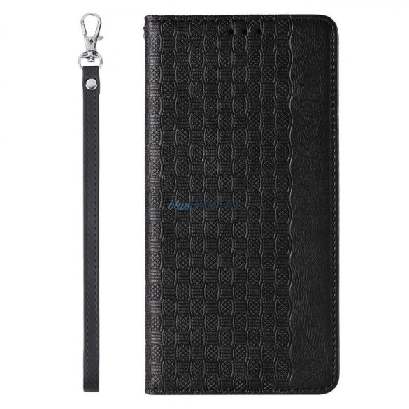 Magnet Strap Case Samsung Galaxy S23 mágneses flipes tok pénztárcával, állvánnyal, kis pánttal, fekete