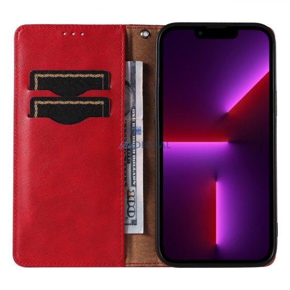 Magnet Strap Case Samsung Galaxy S23 mágneses flipes tok pénztárcával, állvánnyal, kis pánttal, piros