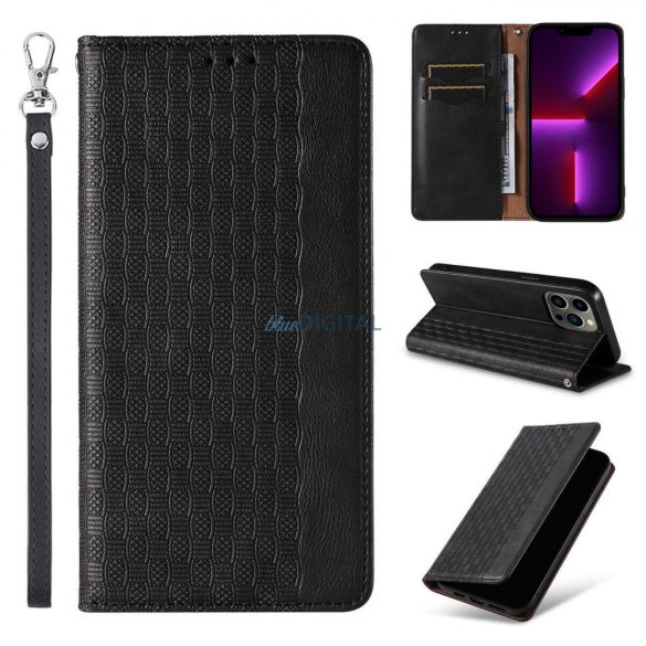 Magnet Strap Case Samsung Galaxy S23 Ultra mágneses flipes tok pénztárcával, állvánnyal, kis pánttal, fekete