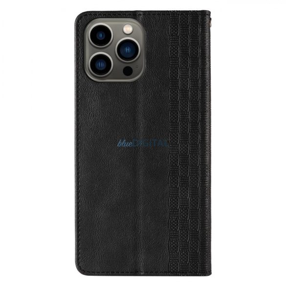 Magnet Strap Case Samsung Galaxy S23 Ultra mágneses flipes tok pénztárcával, állvánnyal, kis pánttal, fekete