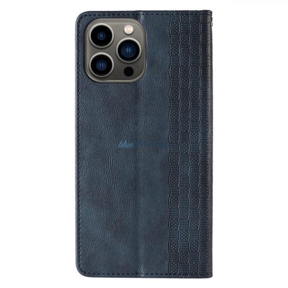 Magnet Strap Case Samsung Galaxy S23 Ultra mágneses flipes tok pénztárcával, állvánnyal, kis pánttal, kék