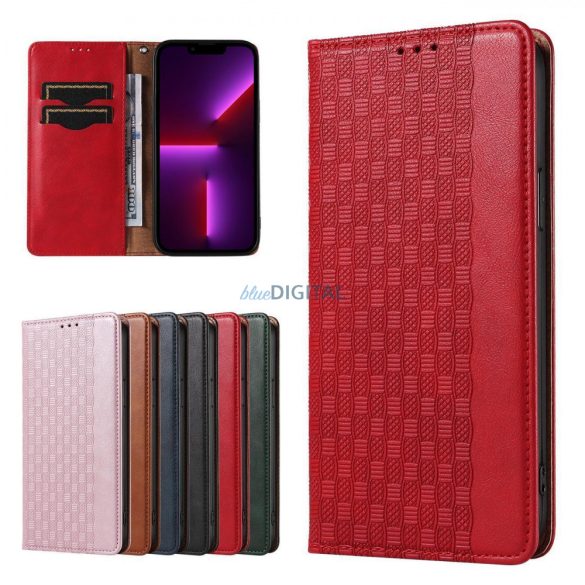 Magnet Strap Case Samsung Galaxy S23 Ultra mágneses flipes tok pénztárcával, állvánnyal, kis pánttal, piros