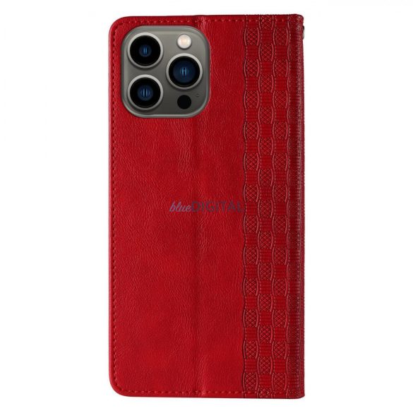 Magnet Strap Case Samsung Galaxy S23 Ultra mágneses flipes tok pénztárcával, állvánnyal, kis pánttal, piros