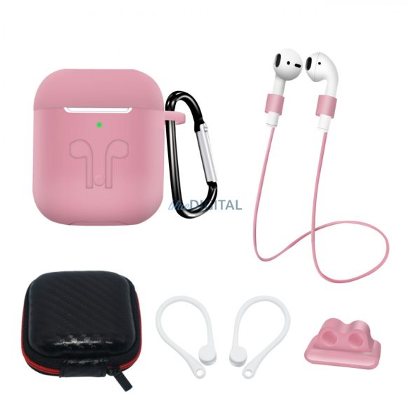 SILICONE Case Set AirPods 2 / AirPods 1 + tok / fülhorog / nyakpánt / óraszíj tartó / karabiner | rózsaszín