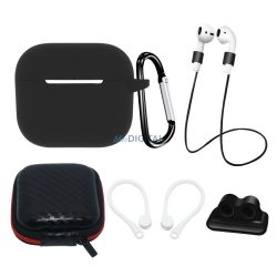   AirPods 3 SILICONE Case szett + tok/fülhorog/nyakpánt/óraszíj tartó/karabineres csat | fekete