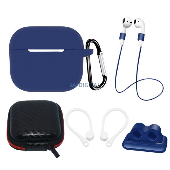 AirPods 3 SILICONE Case set/fülhorog/nyakpánt/óraszíj tartó/karabiner | kék tok