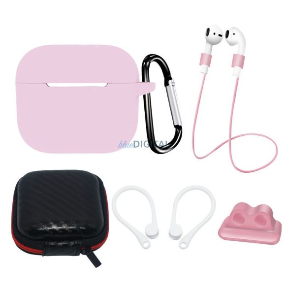 AirPods 3 SILICONE Case set/fülhorog/nyakpánt/óraszíj tartó/karabiner | rózsaszín tok