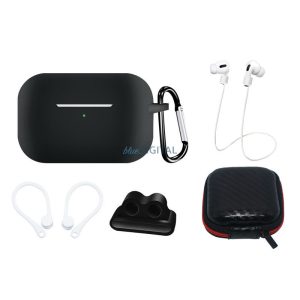 SILICONE Case szett AirPods Pro 2 / AirPods Pro 1 + tok / fülhorog / nyakpánt / óraszíj tartó / karabiner | fekete