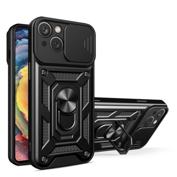 Hybrid Armor Camshield tok állvánnyal és kameravédővel iPhone 15 - fekete